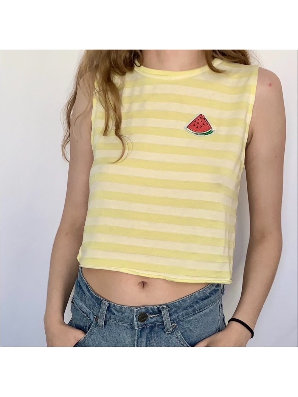 Yellow Striped Cropped Tank with Watermelon Patch